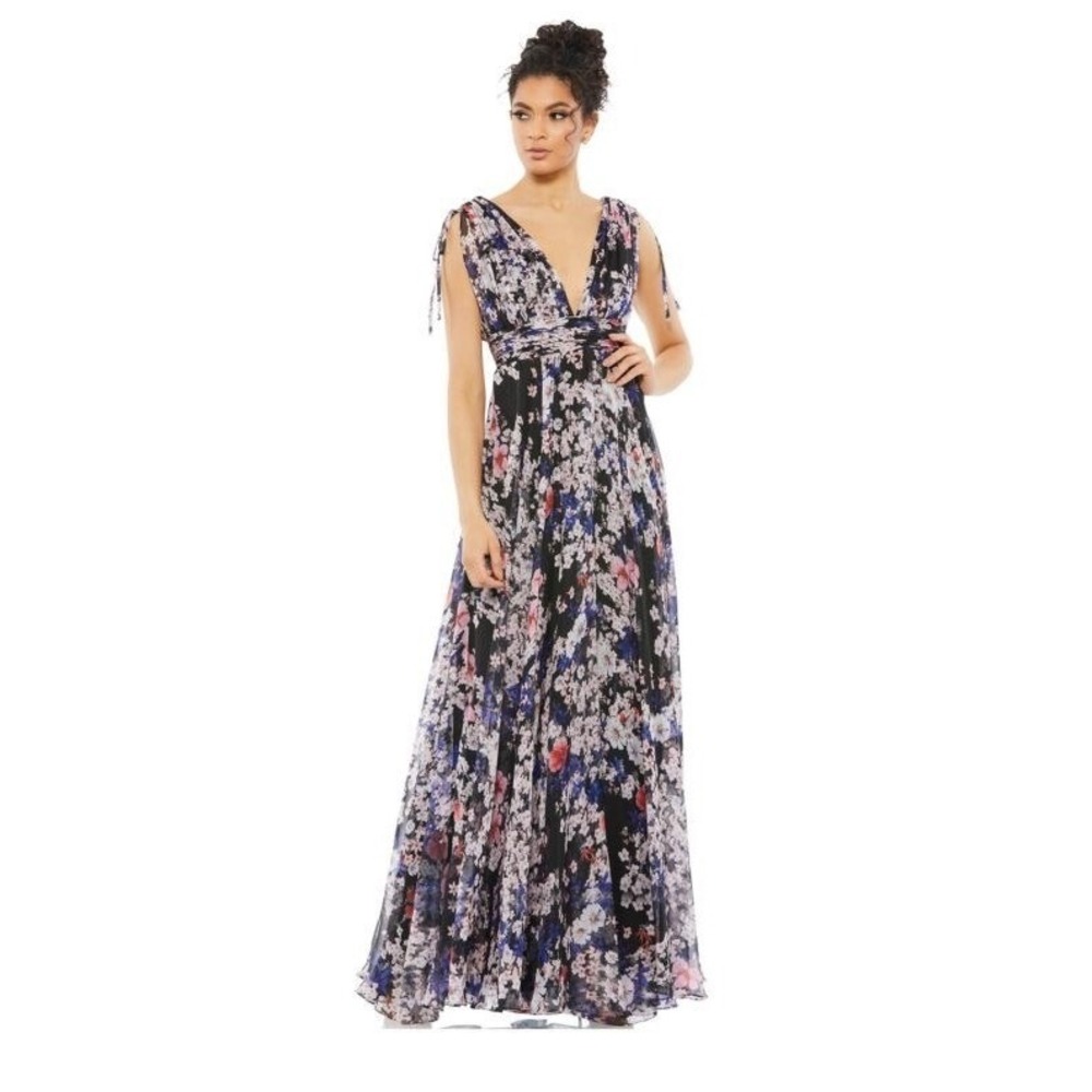 Ieena‎ for Mac Duggal Floral V-Neck Maxi Gown Black Multi 55414 Mens Size 4 NWT